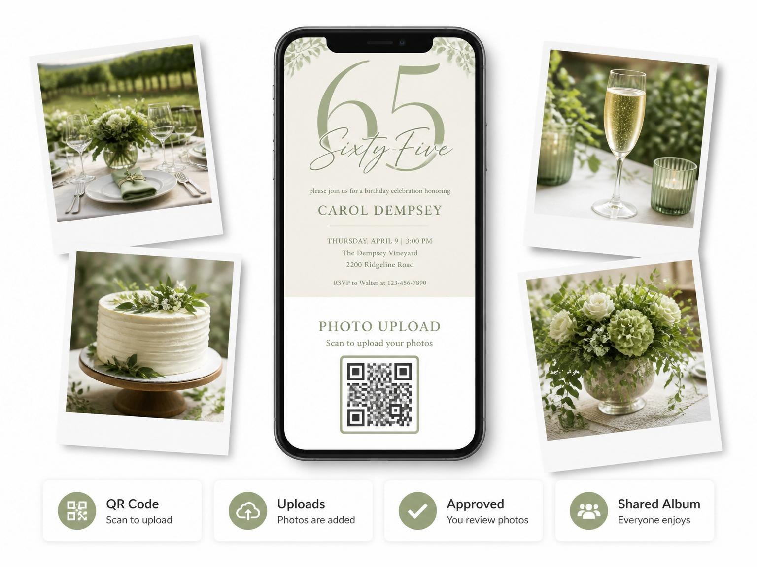The shared photo gallery that comes with the Sage Green Minimalist 65th Birthday invitation