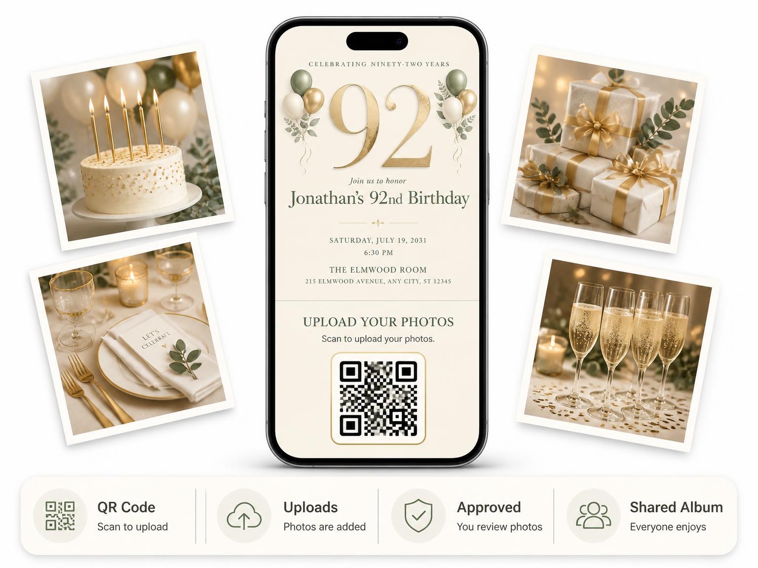 The shared photo gallery that comes with the Sage and Ivory 92nd Birthday Invitation invitation