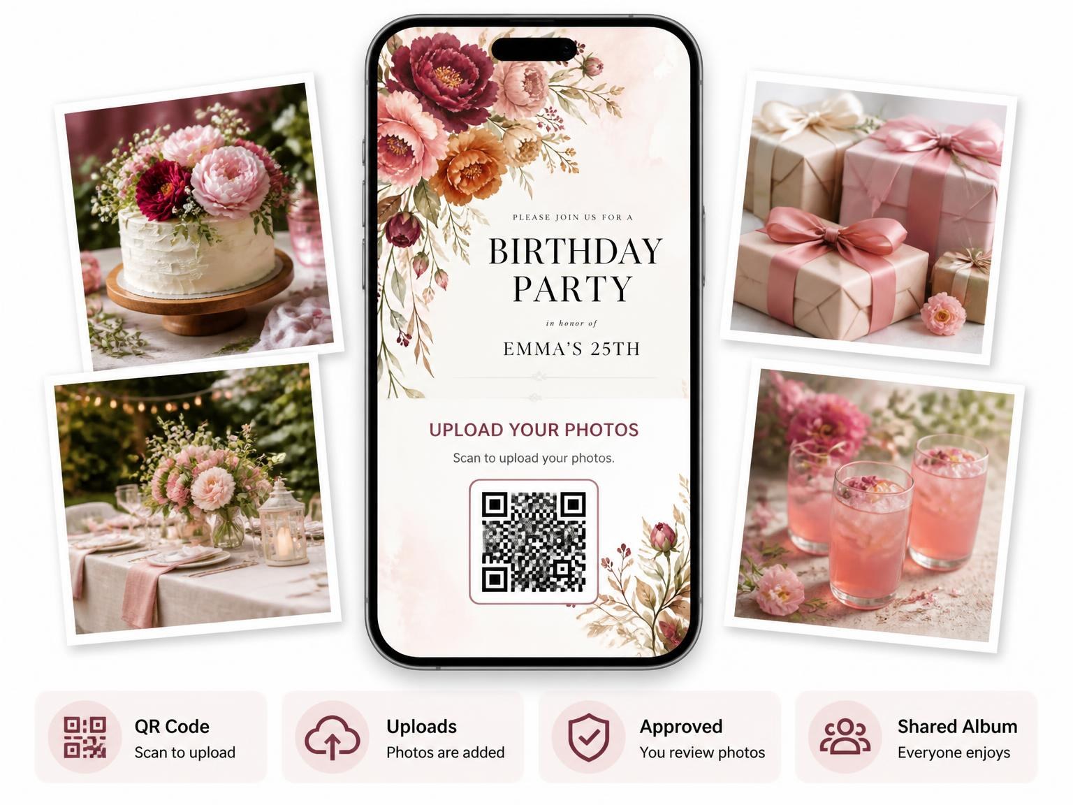 The shared photo gallery that comes with the Foliage Sprig Autumn 25th Birthday Invitation invitation