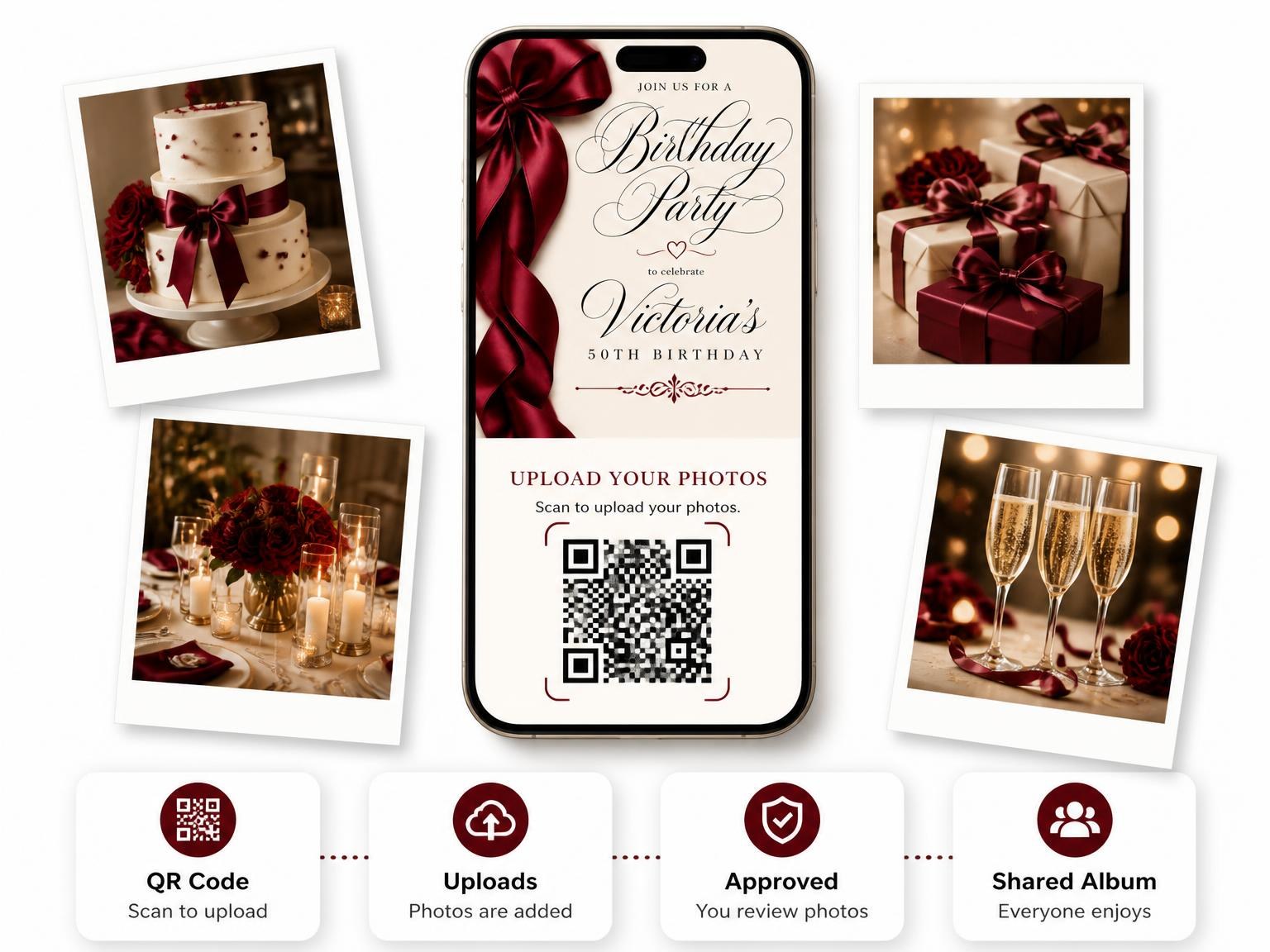 The shared photo gallery that comes with the Burgundy Satin Bow 50th Birthday Invitation invitation