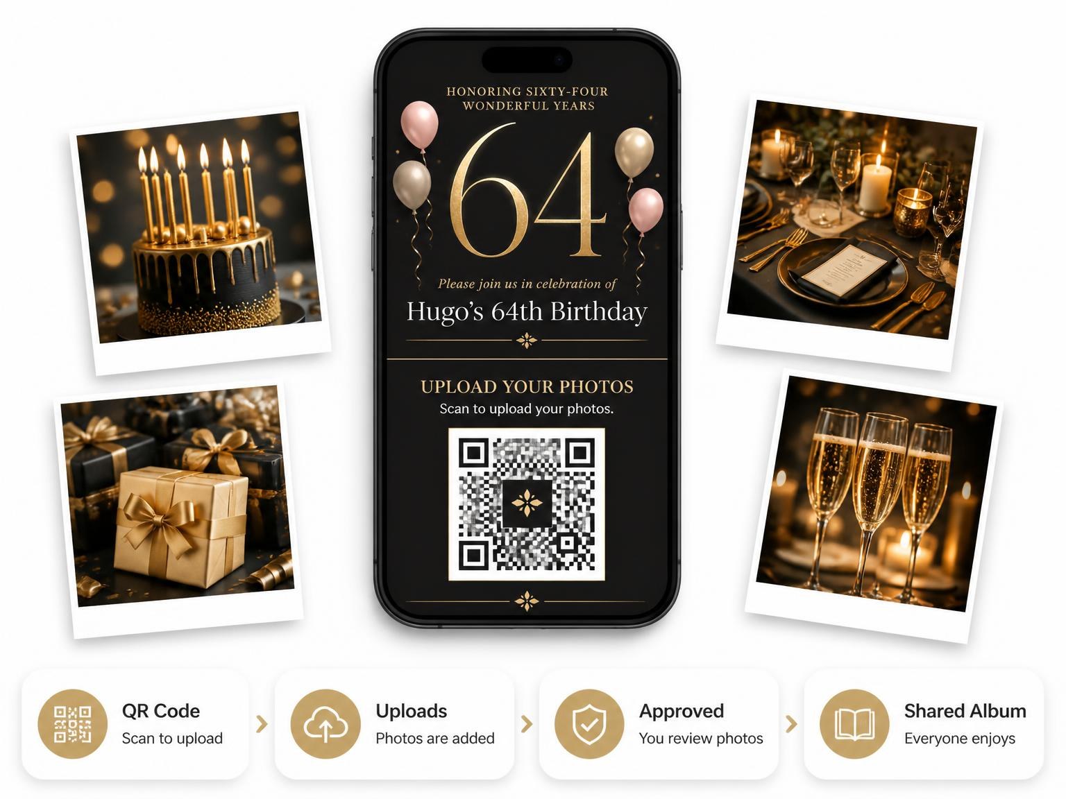 The shared photo gallery that comes with the Charcoal and Blush 64th Birthday Invitation invitation