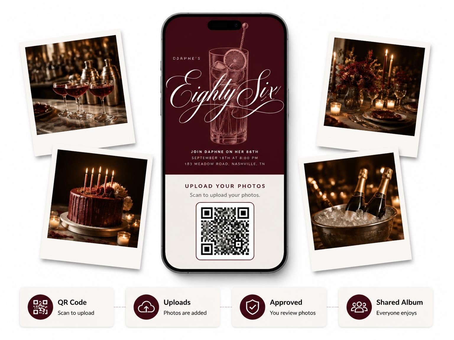 The shared photo gallery that comes with the Burgundy Cocktail 86th Birthday Invitation invitation