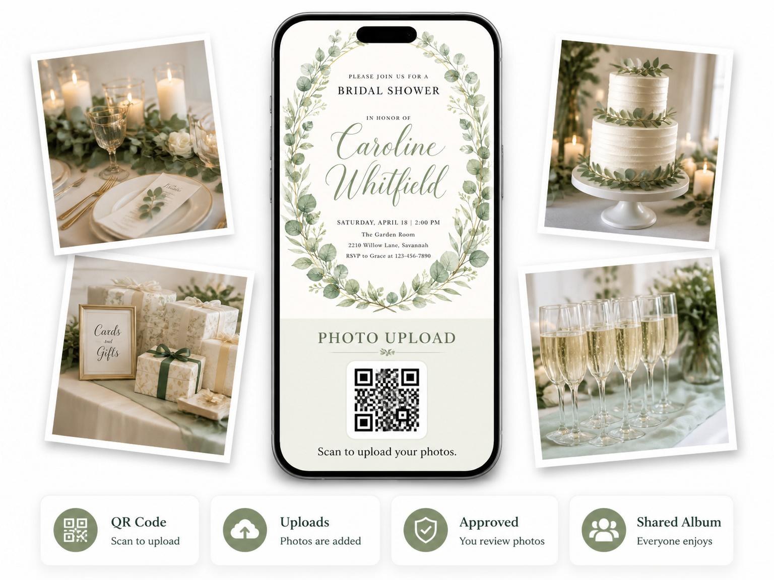 The shared photo gallery that comes with the Watercolor Eucalyptus Wreath Bridal Shower invitation