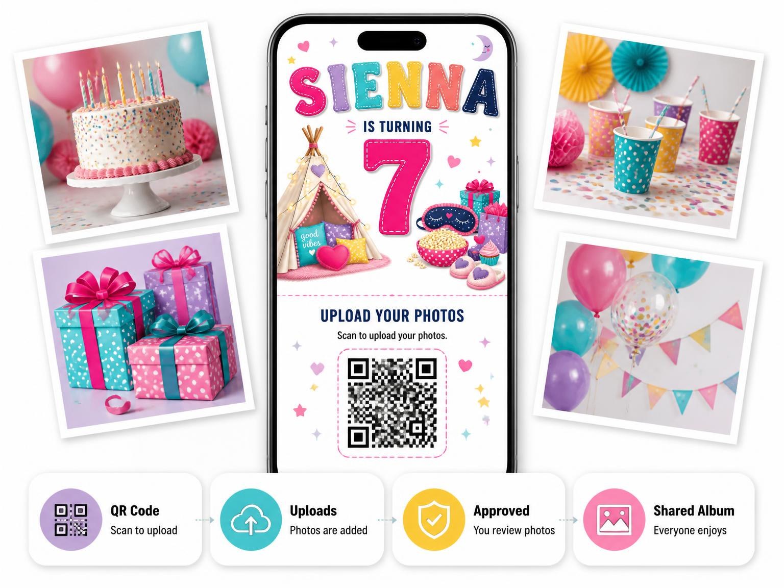 The shared photo gallery that comes with the Sleepover Supplies 7th Birthday Invitation invitation