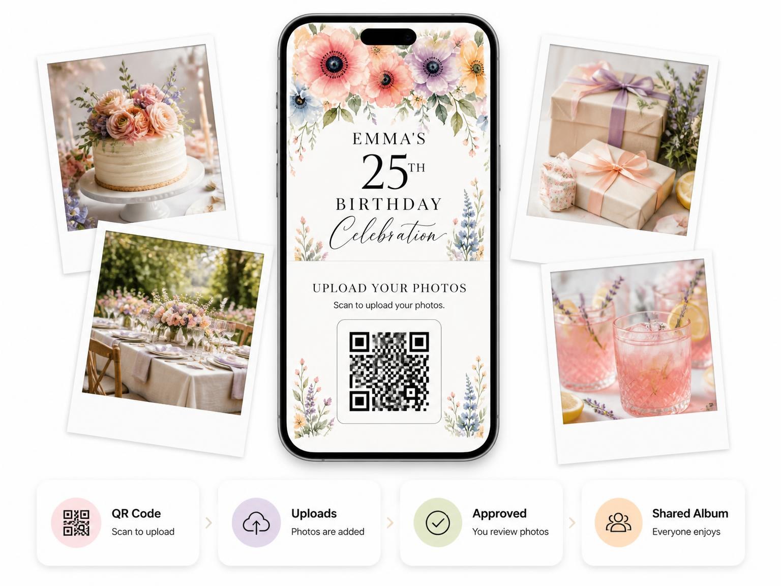 The shared photo gallery that comes with the Pastel Anemone Bouquet 25th Birthday Invitation invitation