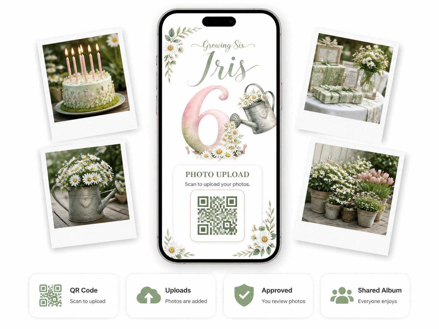 The shared photo gallery that comes with the Watercolor Daisy Garden 6th Birthday invitation