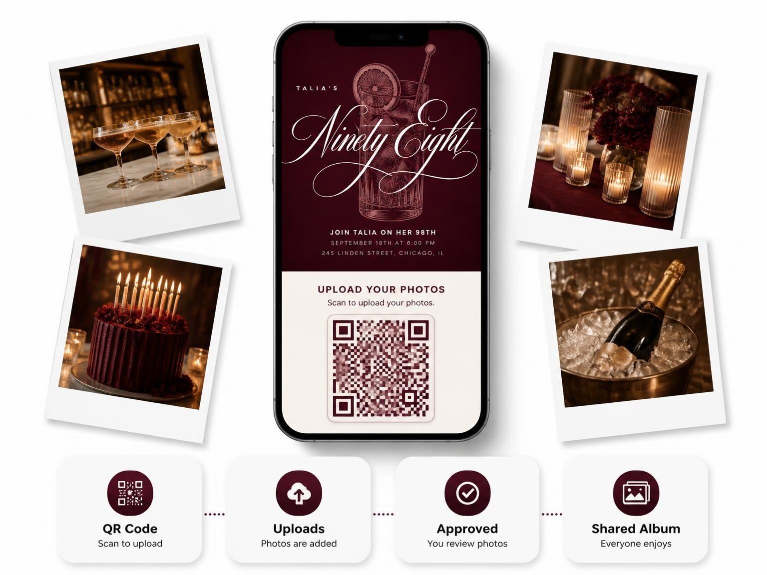 The shared photo gallery that comes with the Burgundy Cocktail 98th Birthday Invitation invitation
