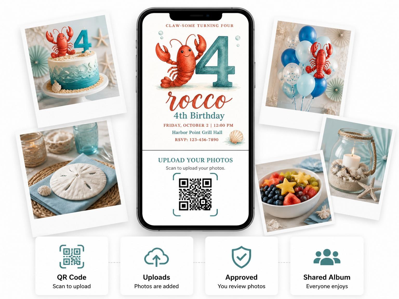 The shared photo gallery that comes with the Watercolor Lobster Nautical 4th Birthday invitation