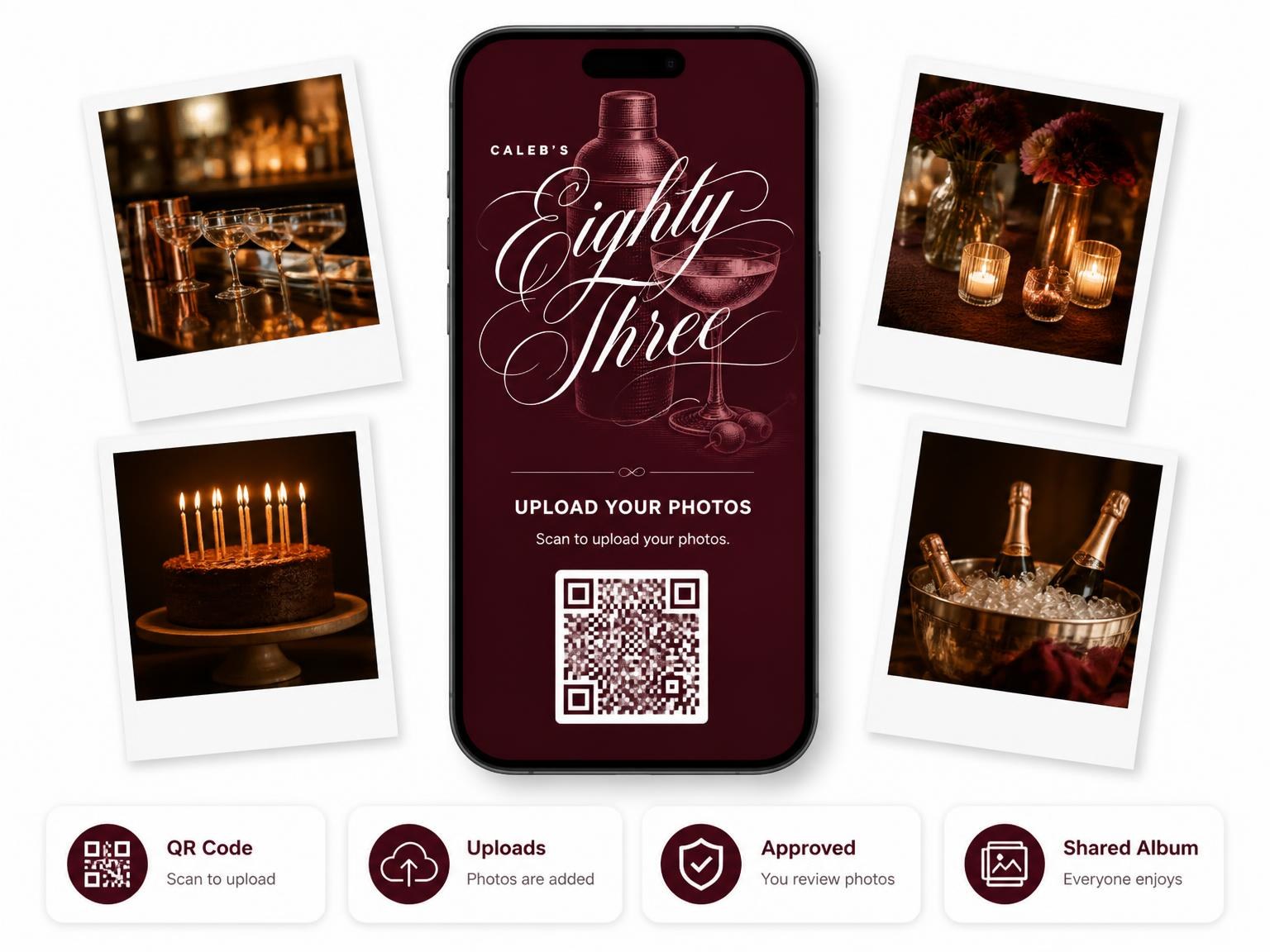 The shared photo gallery that comes with the Burgundy Cocktail 83rd Birthday Invitation invitation