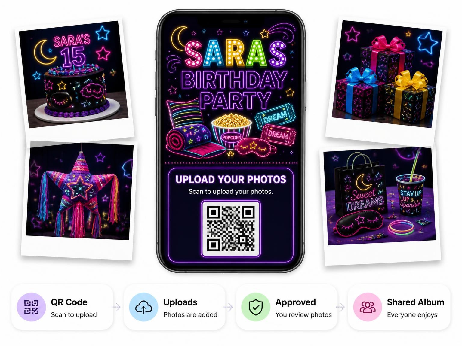 The shared photo gallery that comes with the Neon Pajama 15th Birthday Invitation invitation
