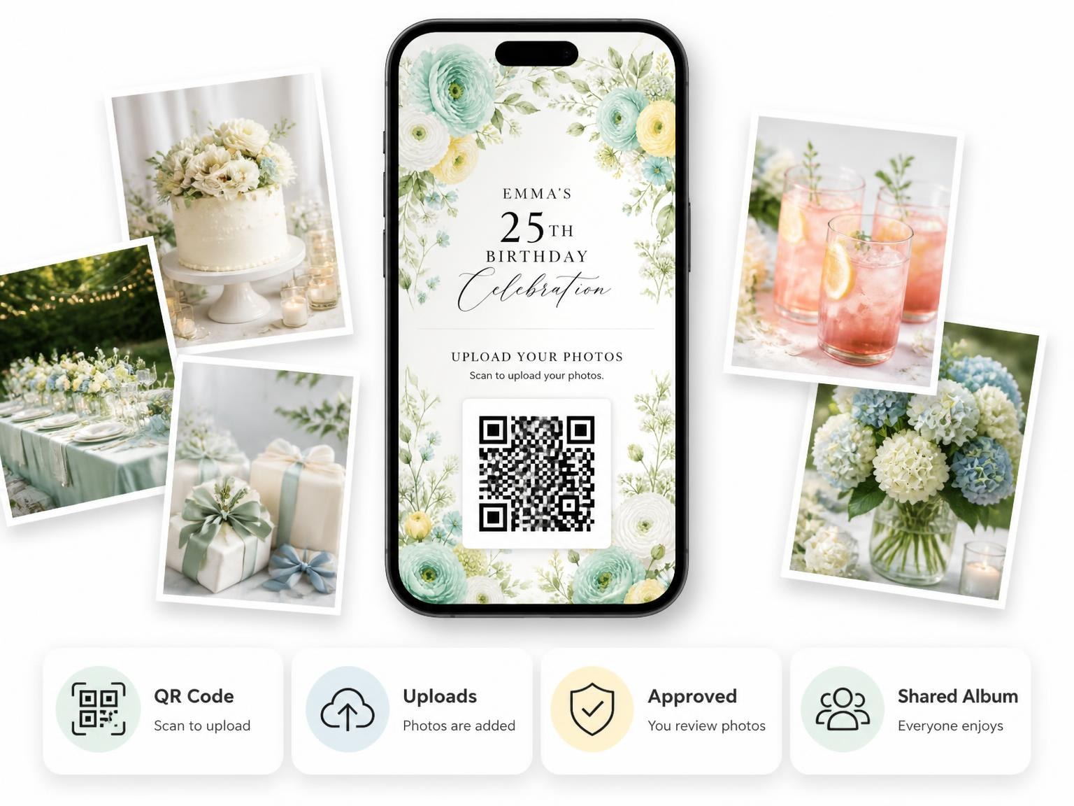 The shared photo gallery that comes with the Ranunculus Flowers Mint 25th Birthday Invitation invitation