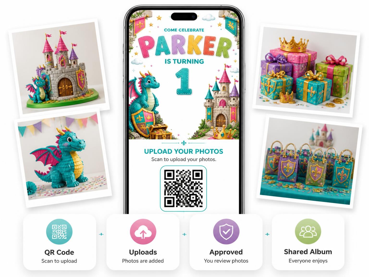 The shared photo gallery that comes with the Stitched Dragon Castle 1st Birthday Invitation invitation