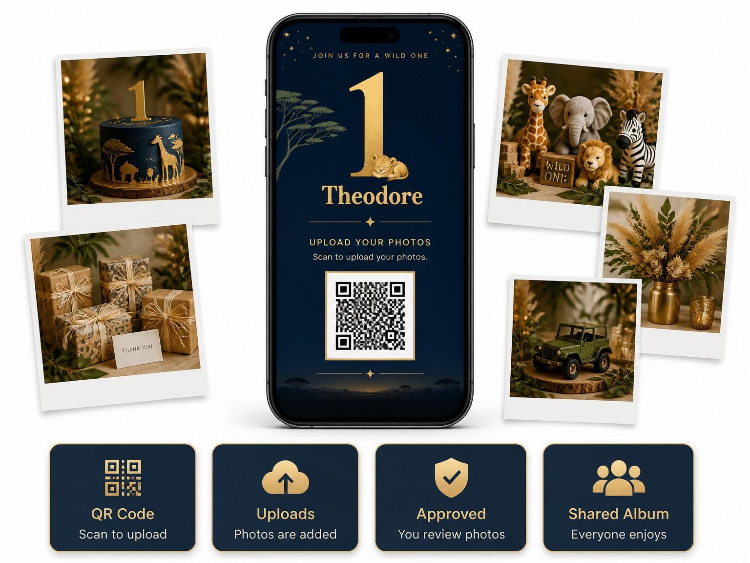 The shared photo gallery that comes with the Navy Gold Lion Safari 1st Birthday invitation
