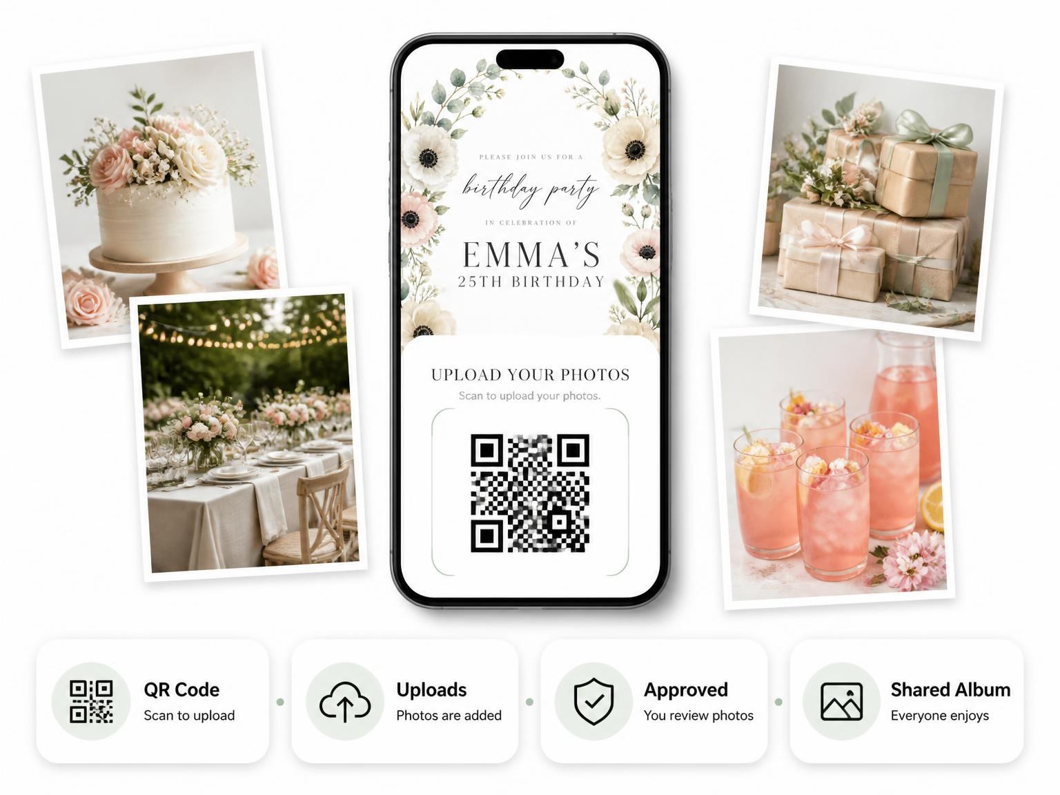 The shared photo gallery that comes with the Eucalyptus Wreath Ivory 25th Birthday Invitation invitation