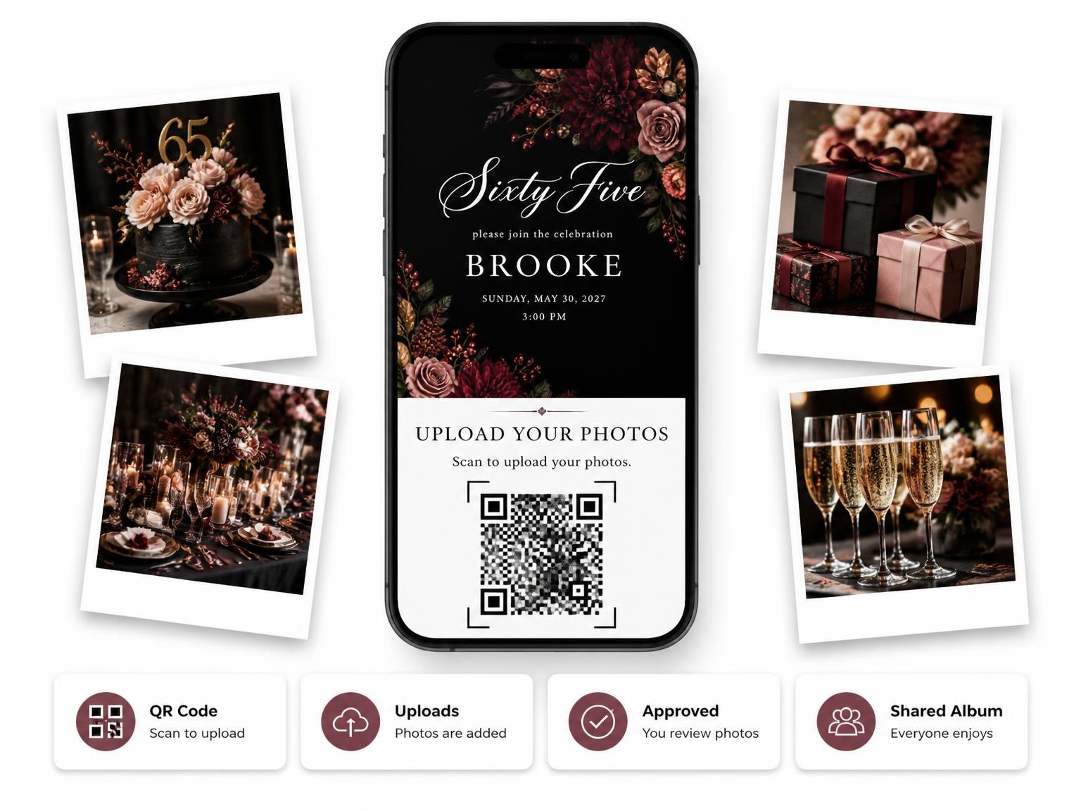 The shared photo gallery that comes with the Black Floral 65th Birthday Invitation invitation