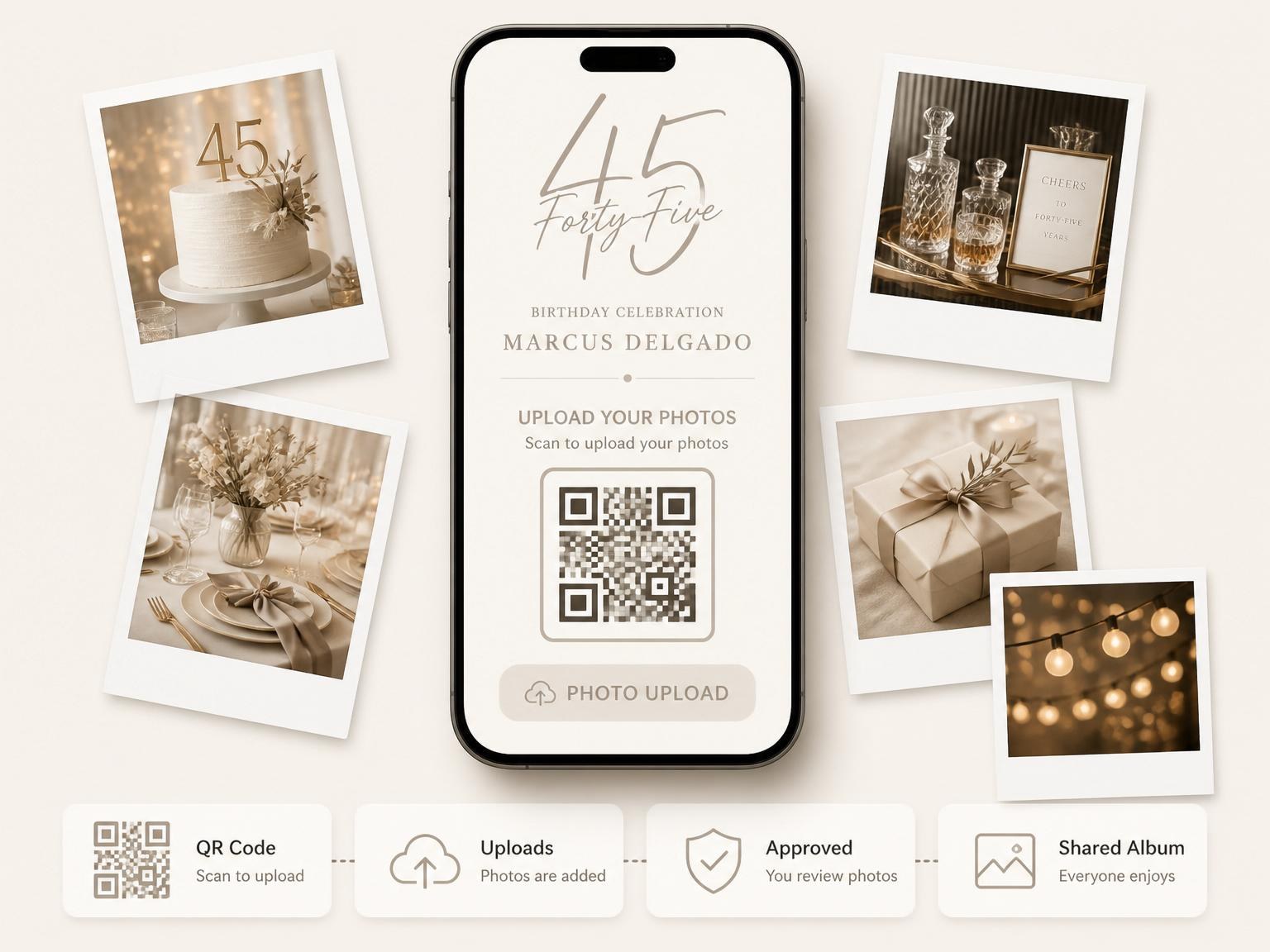 The shared photo gallery that comes with the Minimalist Champagne 45th Birthday Invitation invitation
