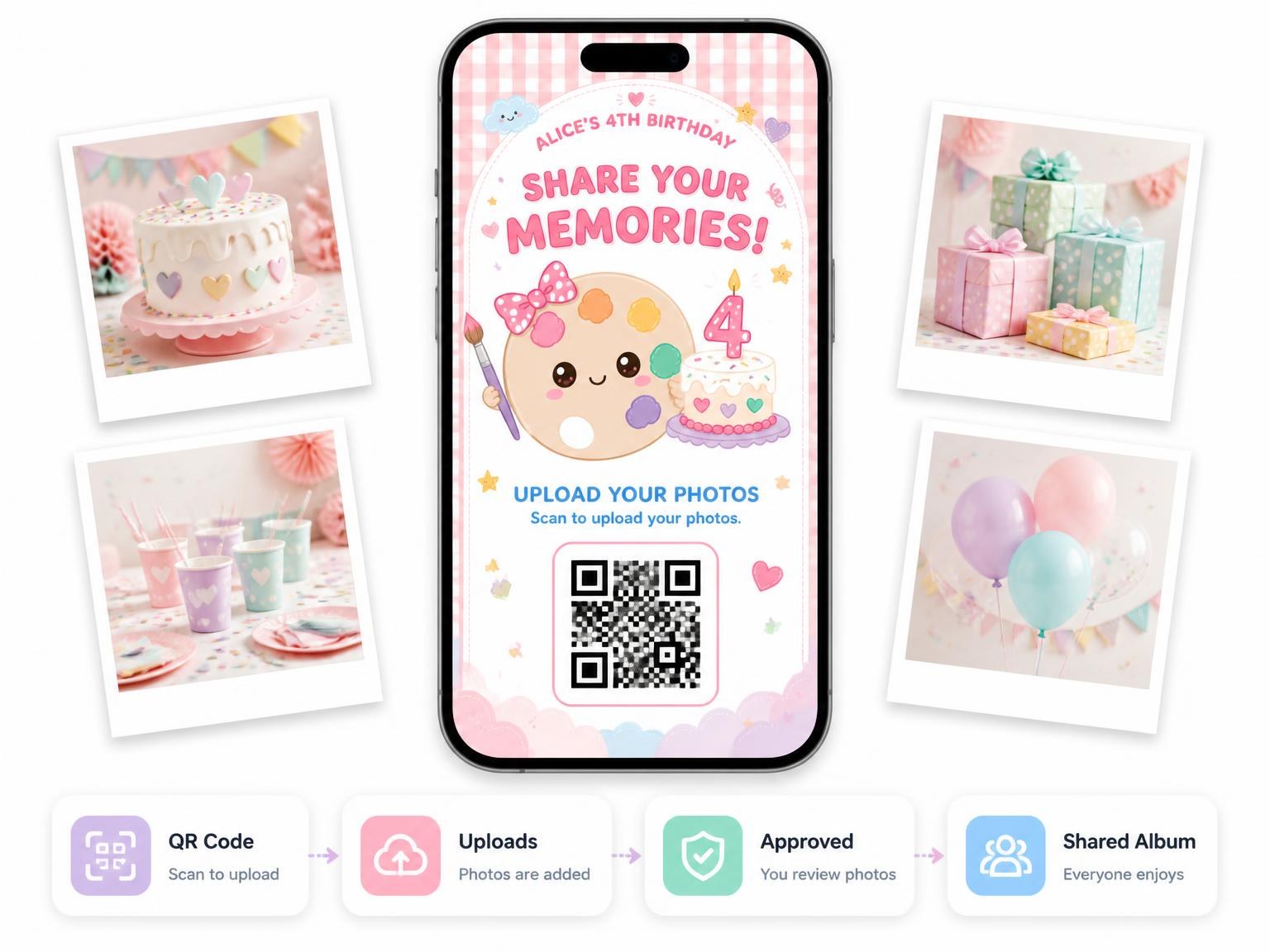 The shared photo gallery that comes with the Paint Palette Kawaii 4th Birthday Invitation invitation