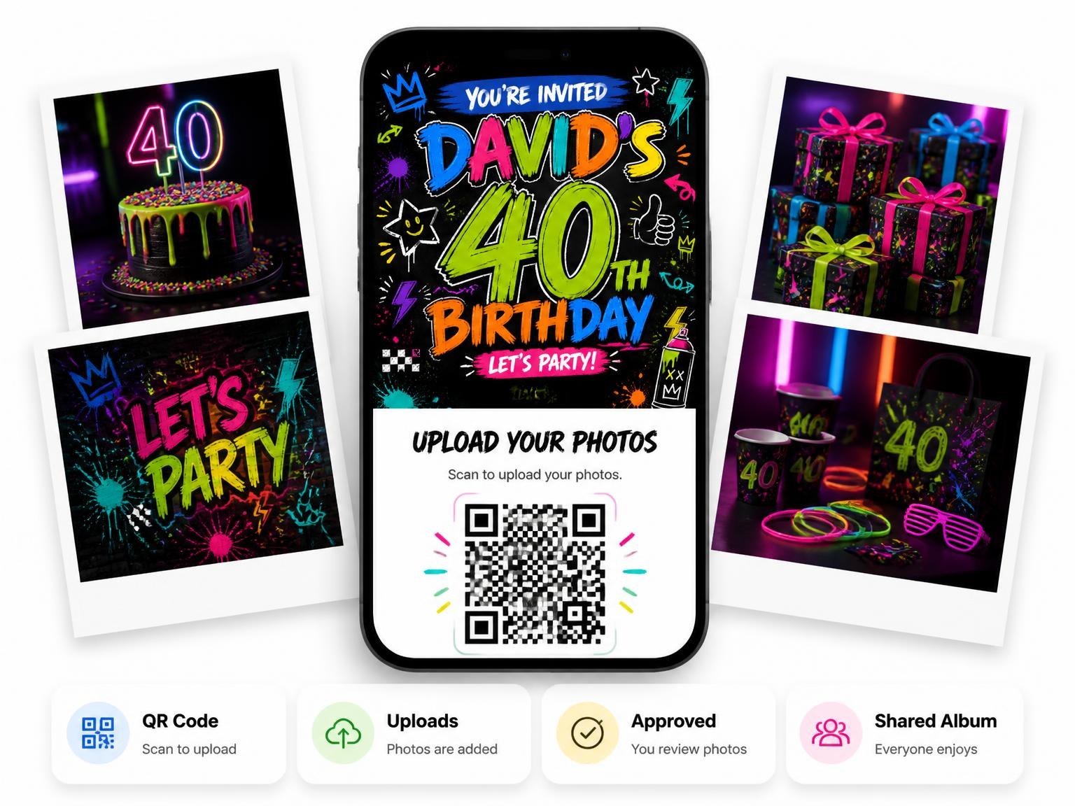 The shared photo gallery that comes with the Graffiti Street Art 40th Birthday Invitation invitation