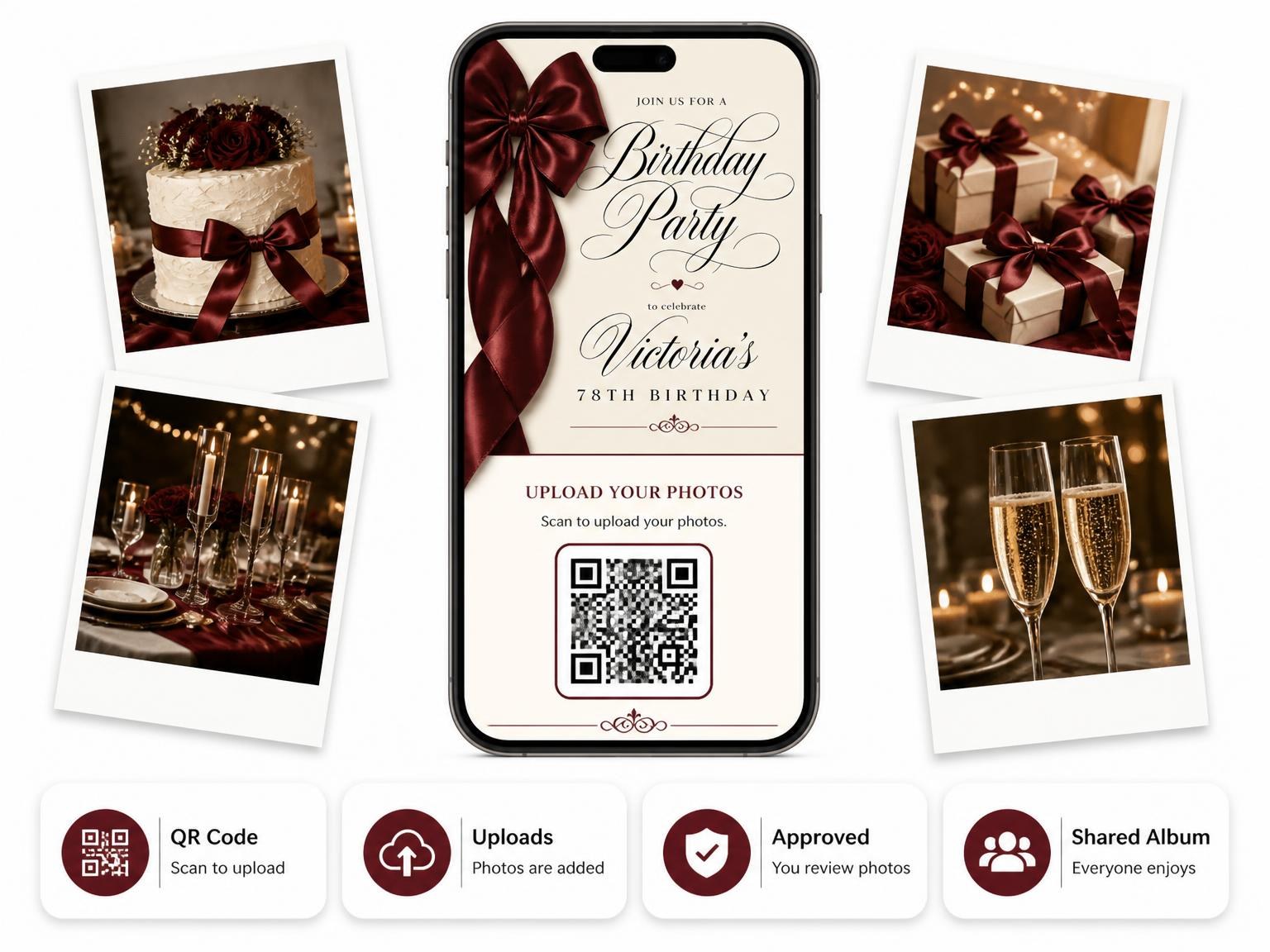 The shared photo gallery that comes with the Burgundy Satin Bow 78th Birthday Invitation invitation
