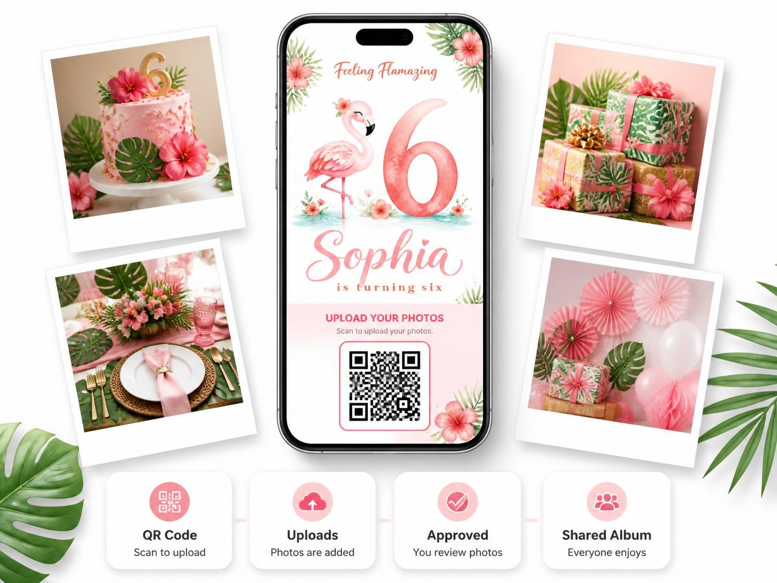 The shared photo gallery that comes with the Watercolor Flamingo Tropical 6th Birthday invitation