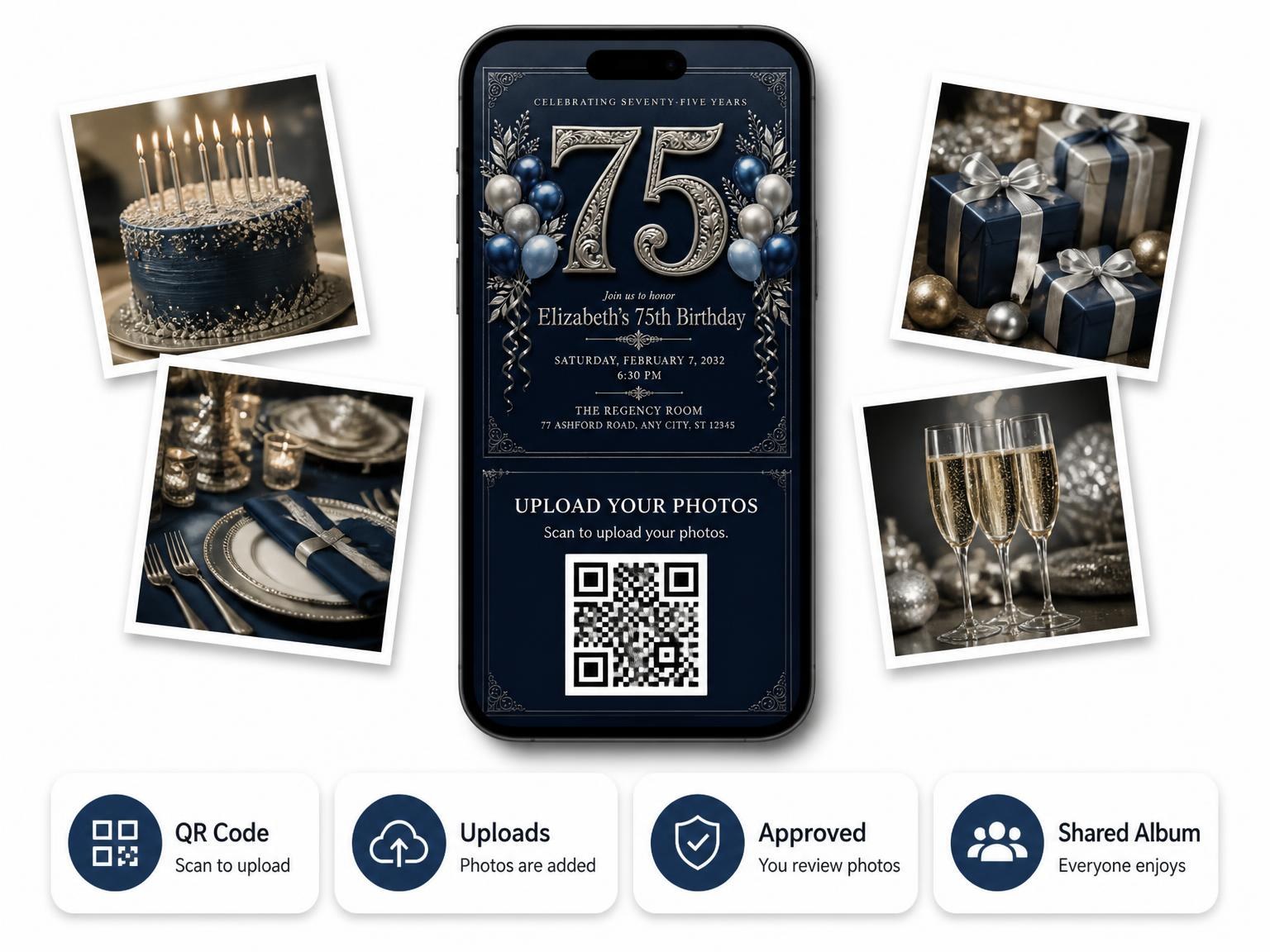 The shared photo gallery that comes with the Navy and Silver 75th Birthday Invitation invitation