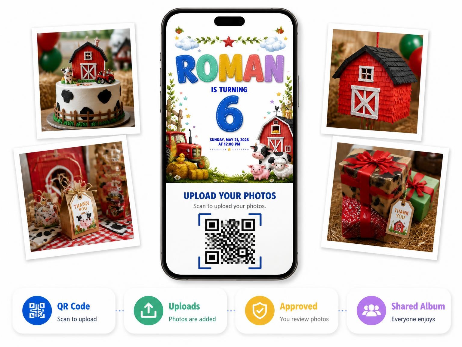 The shared photo gallery that comes with the Stitched Farm 6th Birthday Invitation invitation