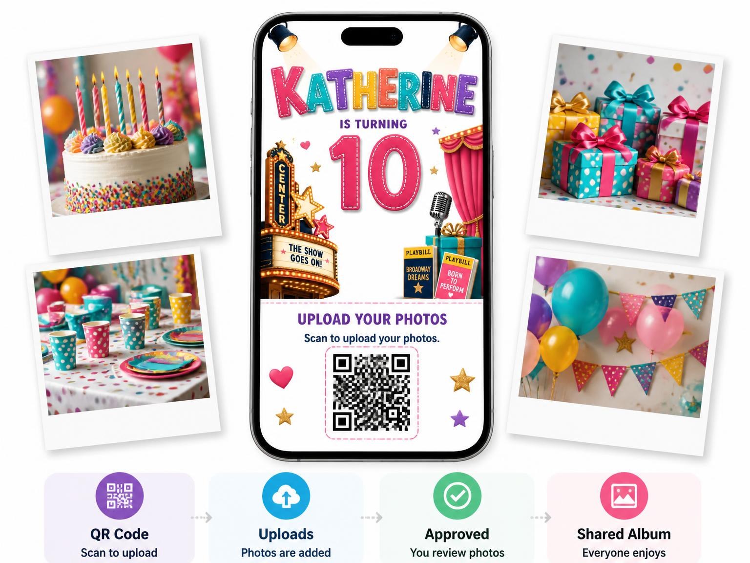 The shared photo gallery that comes with the Marquee Entrance 10th Birthday Invitation invitation