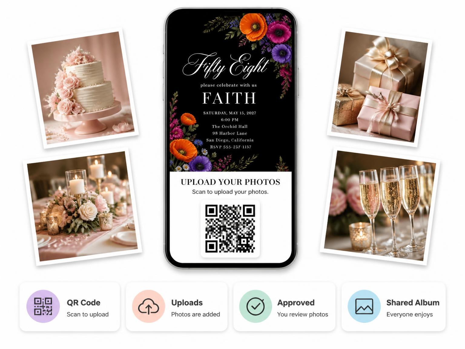 The shared photo gallery that comes with the Black Floral 58th Birthday Invitation invitation