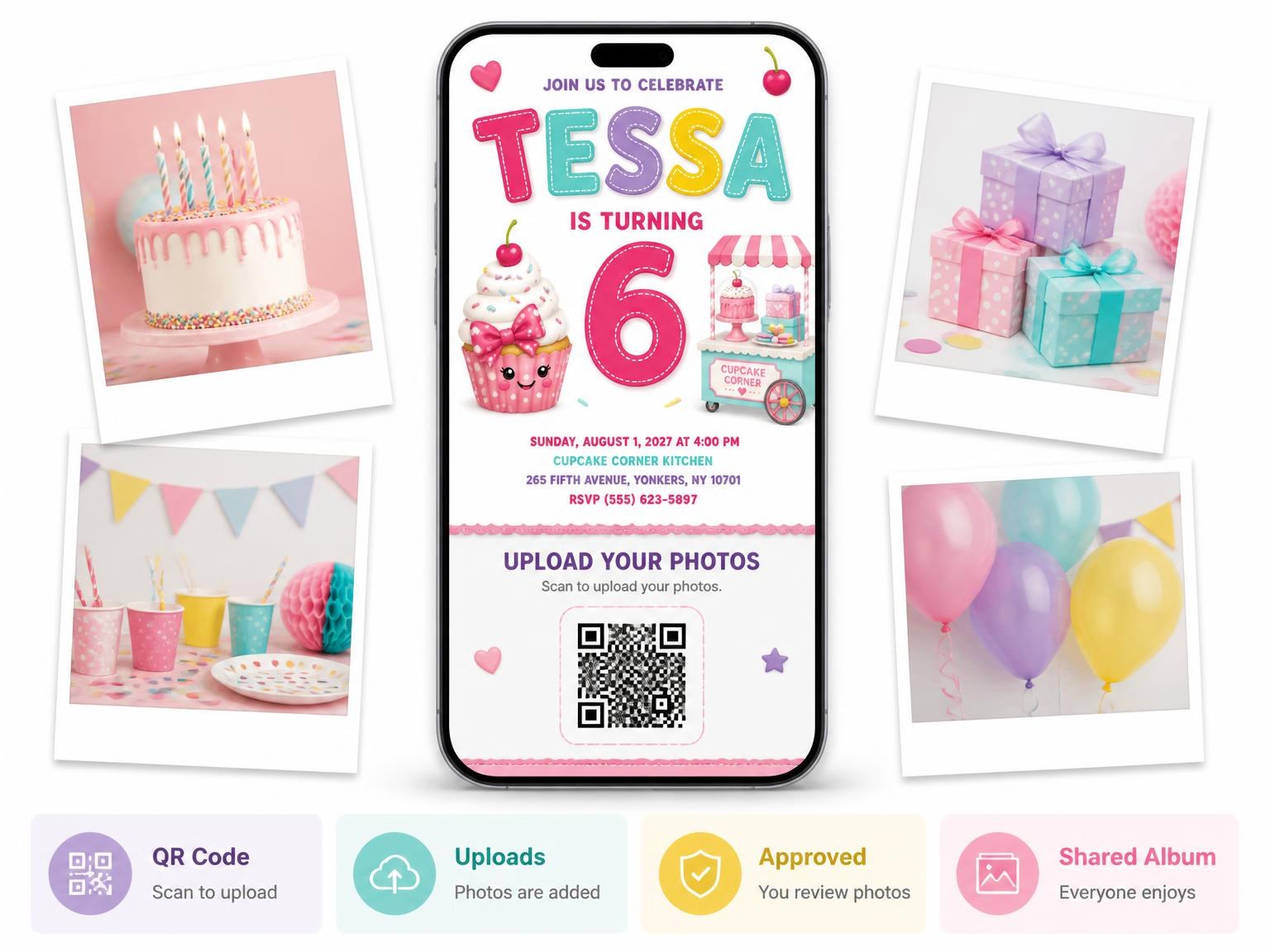 The shared photo gallery that comes with the Dessert Stand Stitched 6th Birthday Invitation invitation