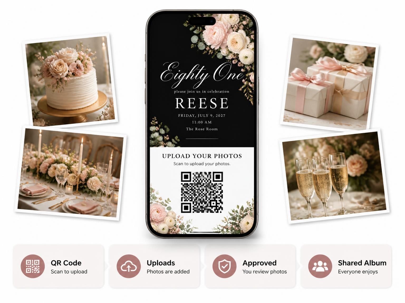 The shared photo gallery that comes with the Black Floral 81st Birthday Invitation invitation