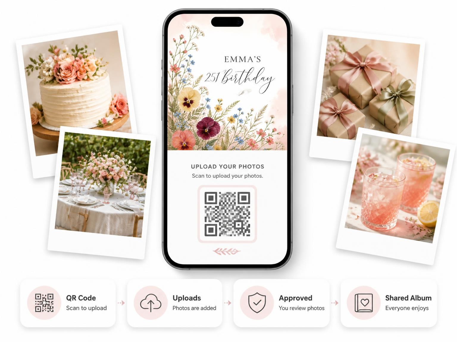 The shared photo gallery that comes with the Wildflower Meadow Golden 25th Birthday Invitation invitation