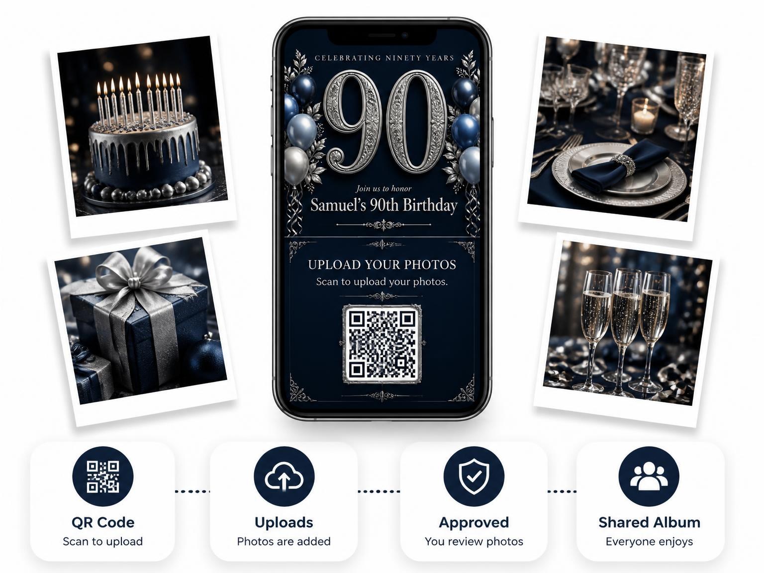 The shared photo gallery that comes with the Navy and Silver 90th Birthday Invitation invitation