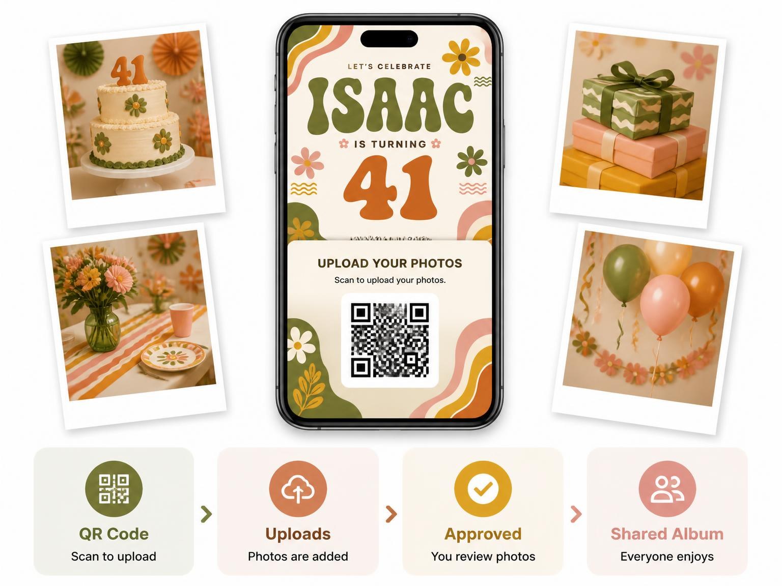 The shared photo gallery that comes with the Groovy Retro 41st Birthday Invitation invitation