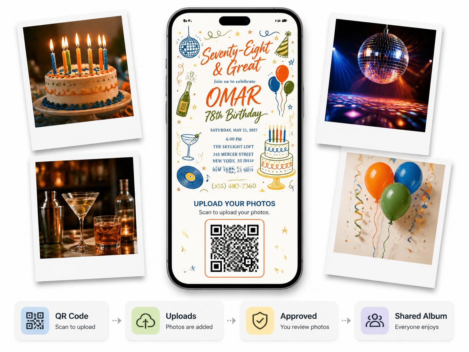 The shared photo gallery that comes with the Retro Doodle 78th Birthday Invitation invitation