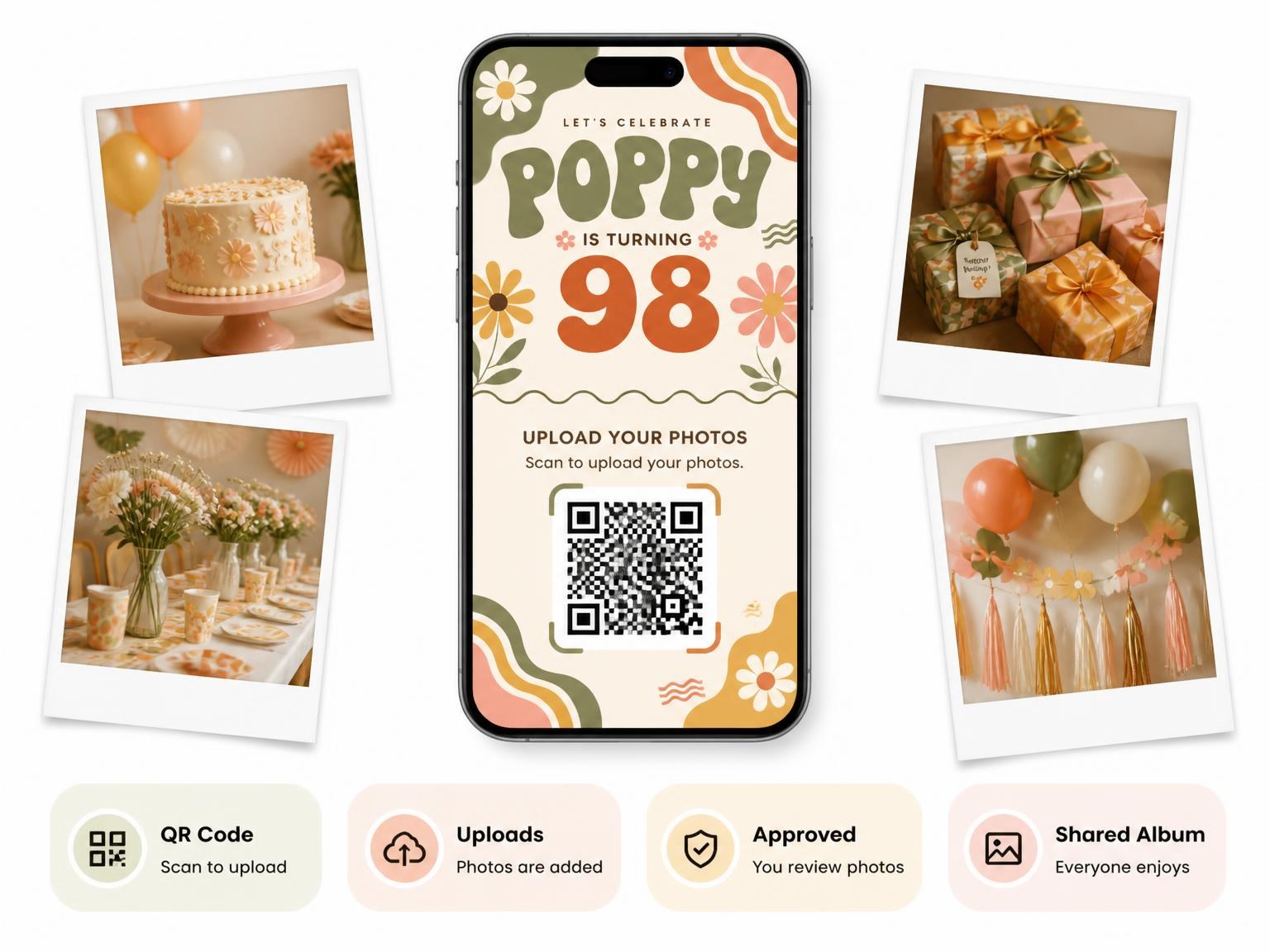 The shared photo gallery that comes with the Groovy Retro 98th Birthday Invitation invitation