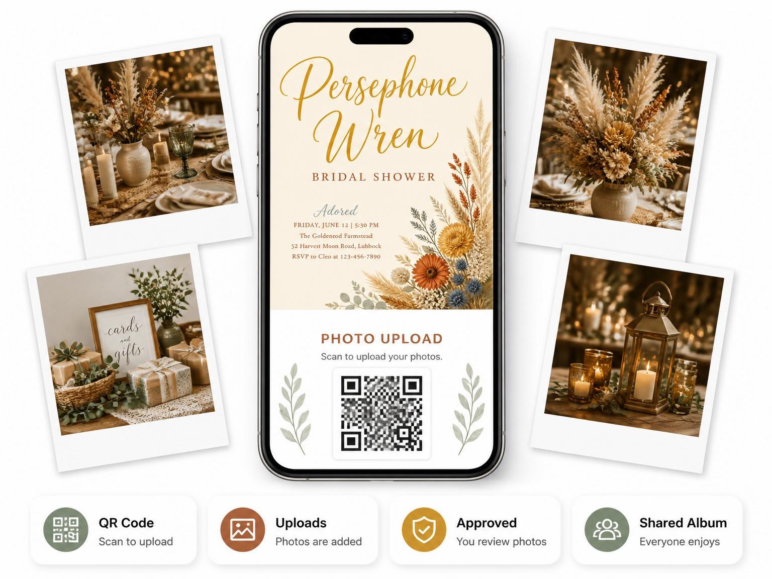 The shared photo gallery that comes with the Dried Floral Pampas Bridal Shower invitation