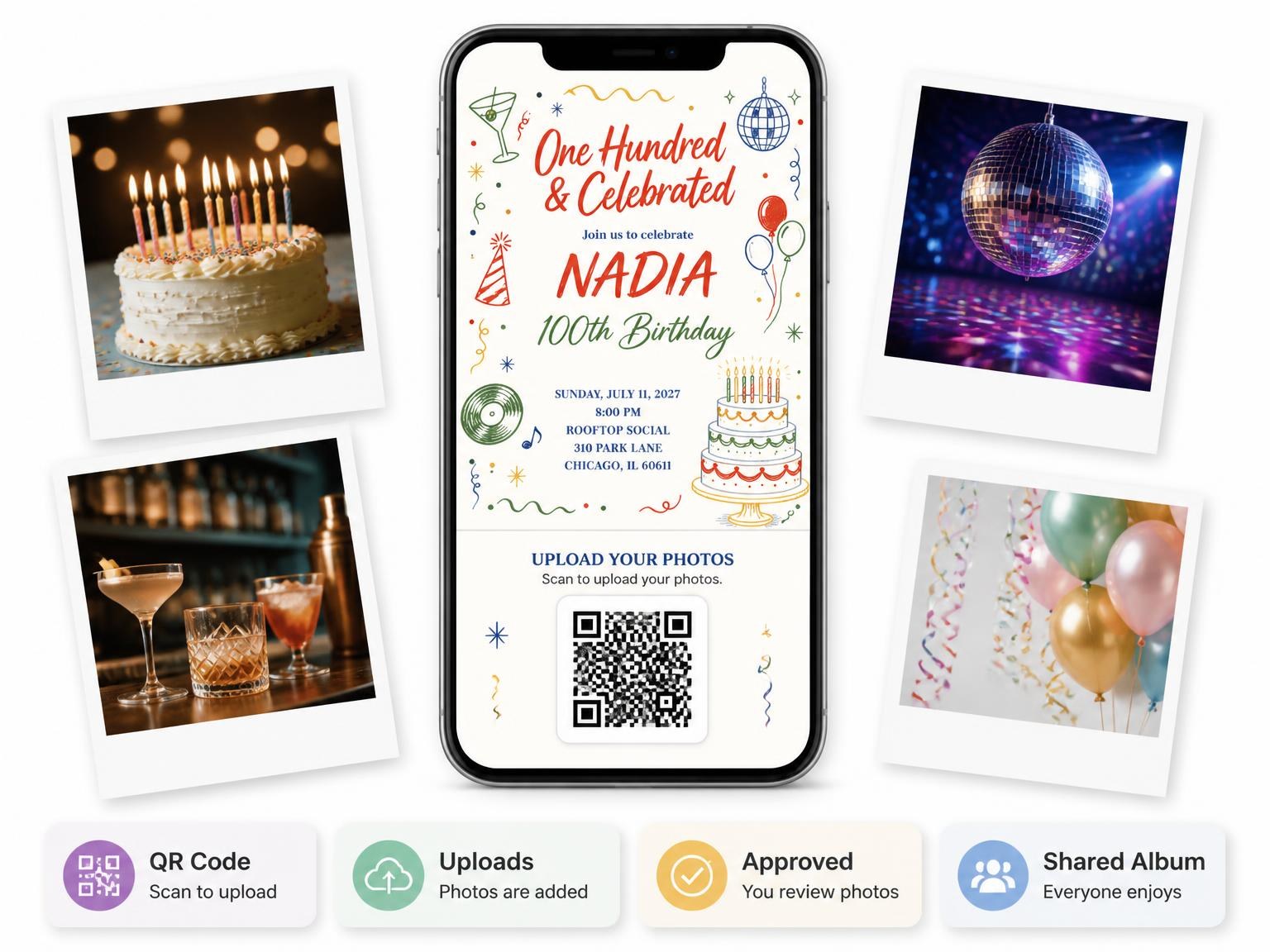 The shared photo gallery that comes with the Retro Doodle 100th Birthday Invitation invitation