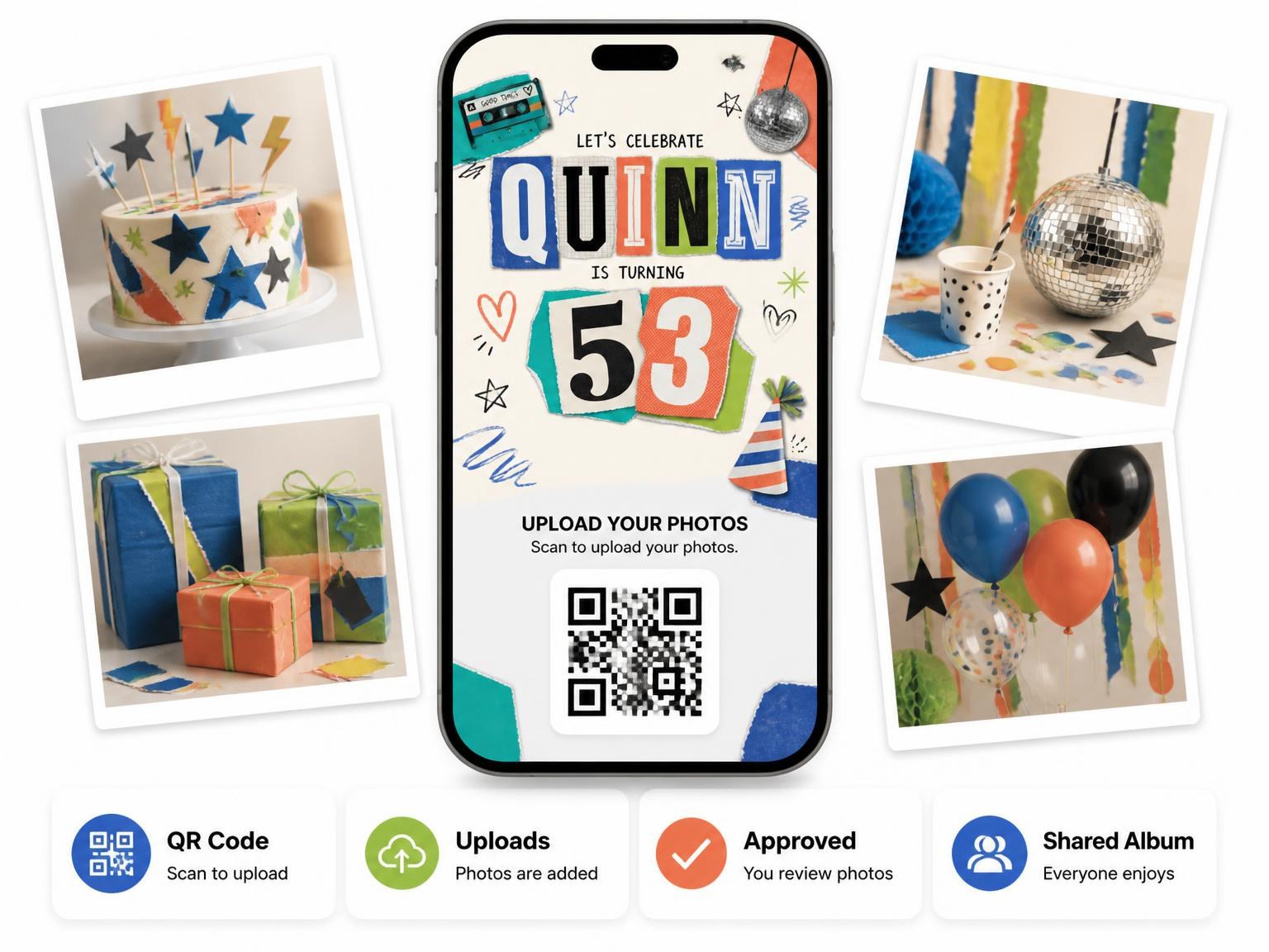 The shared photo gallery that comes with the Retro Paper Collage 53rd Birthday Invitation invitation