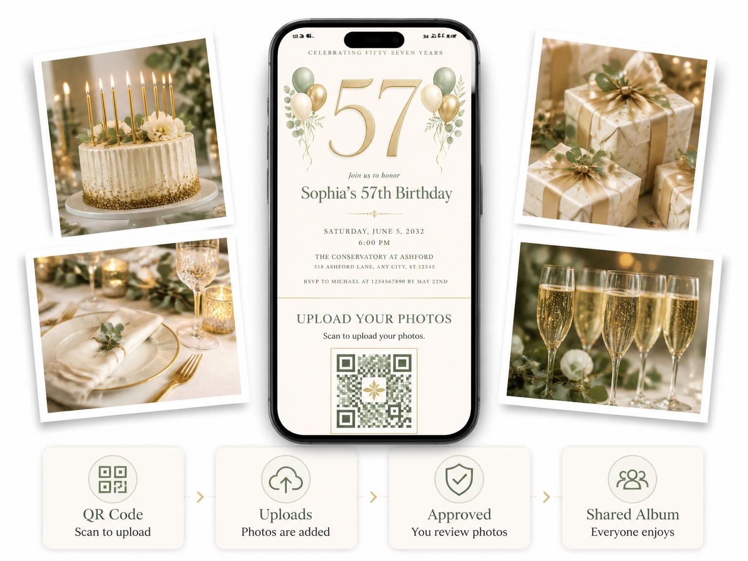 The shared photo gallery that comes with the Sage and Ivory 57th Birthday Invitation invitation