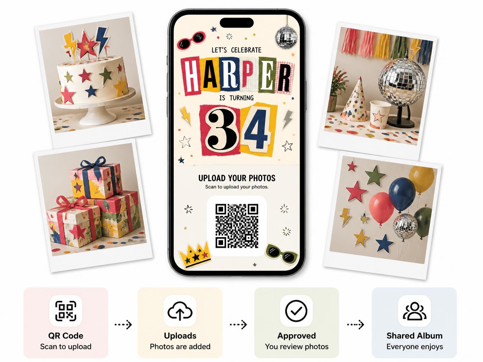 The shared photo gallery that comes with the Retro Paper Collage 34th Birthday Invitation invitation
