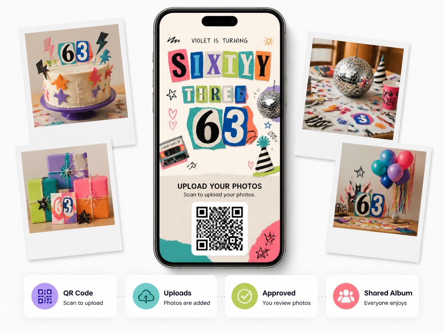 The shared photo gallery that comes with the Retro Paper Collage 63rd Birthday Invitation invitation