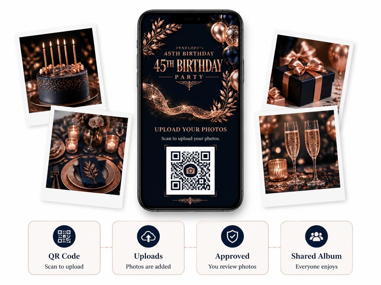 The shared photo gallery that comes with the Navy and Rose Gold 45th Birthday Invitation invitation