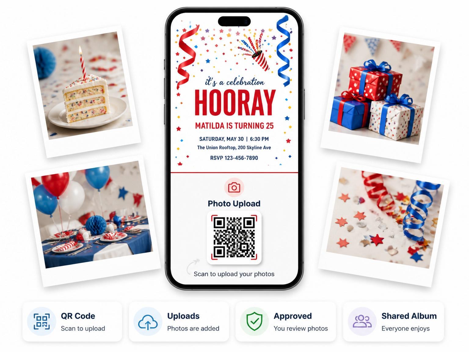 The shared photo gallery that comes with the Red Blue Confetti 25th Birthday Party invitation