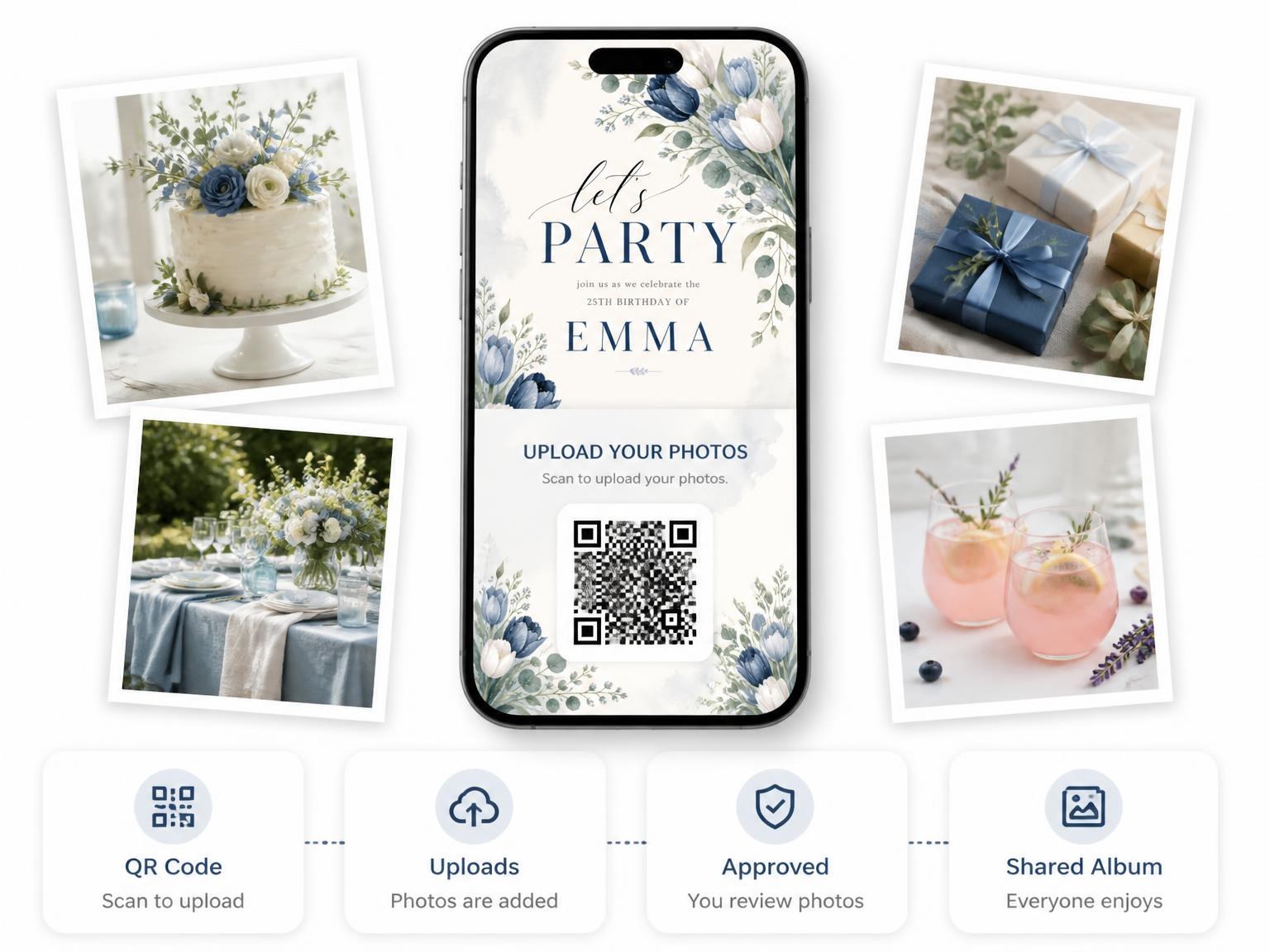 The shared photo gallery that comes with the Navy Tulip Arch 25th Birthday Invitation invitation
