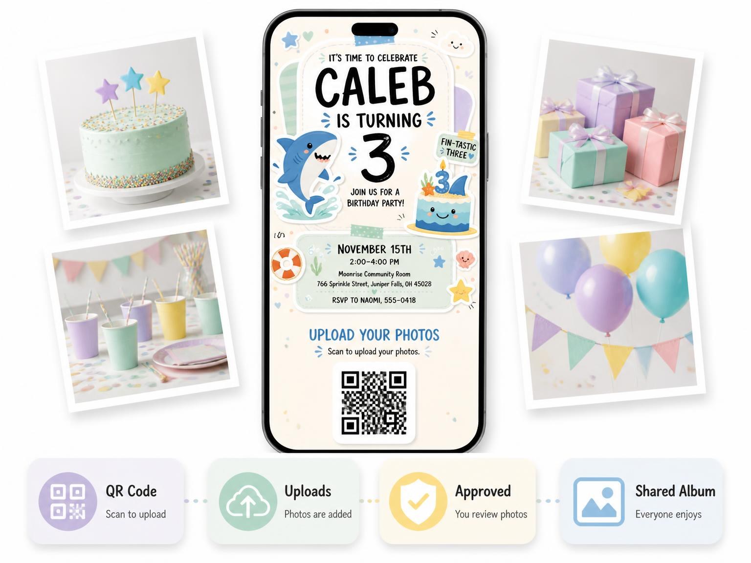 The shared photo gallery that comes with the Scrapbook Shark 3rd Birthday Invitation invitation