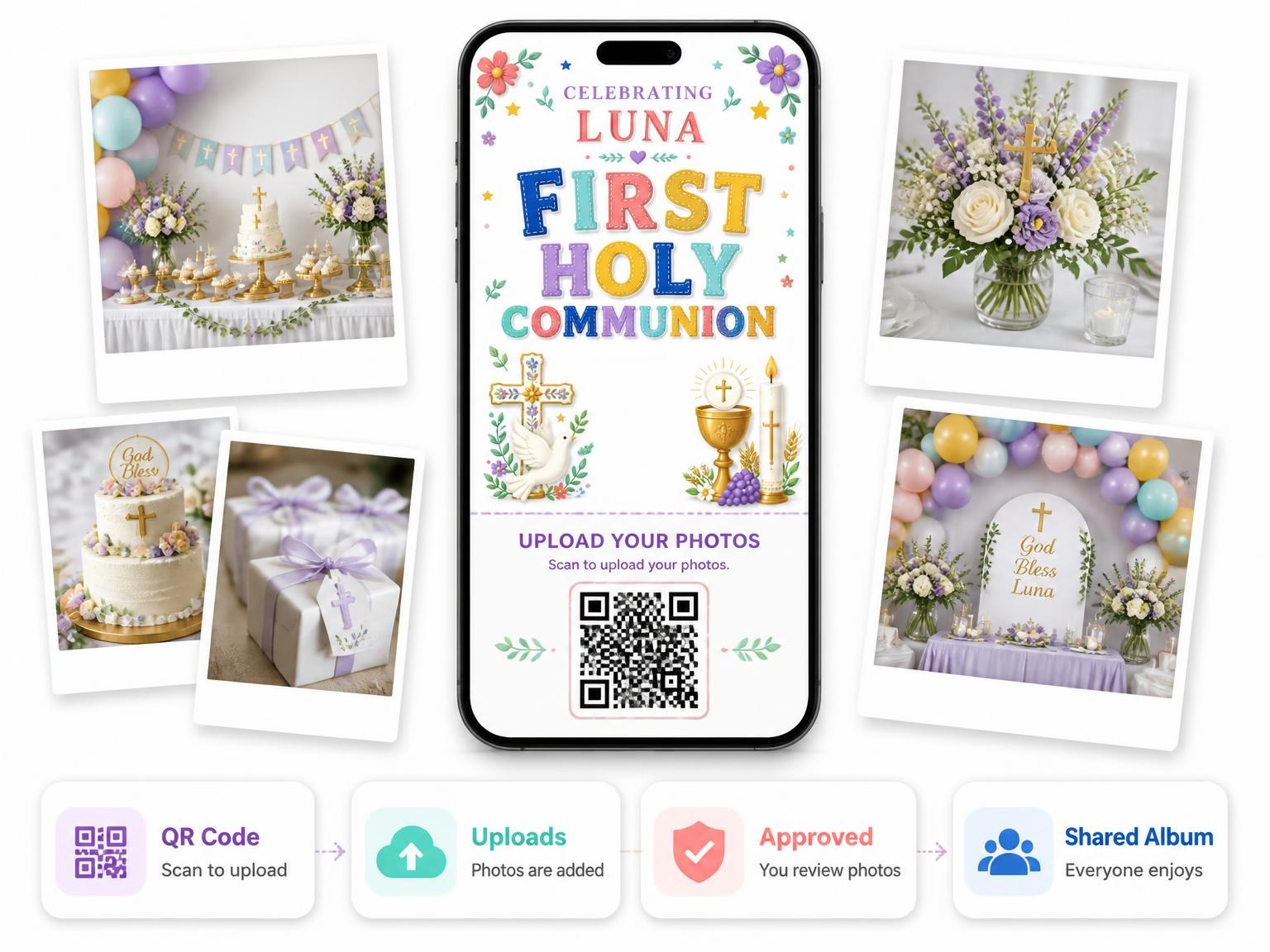 The shared photo gallery that comes with the White Dove First Holy Communion Invitation invitation
