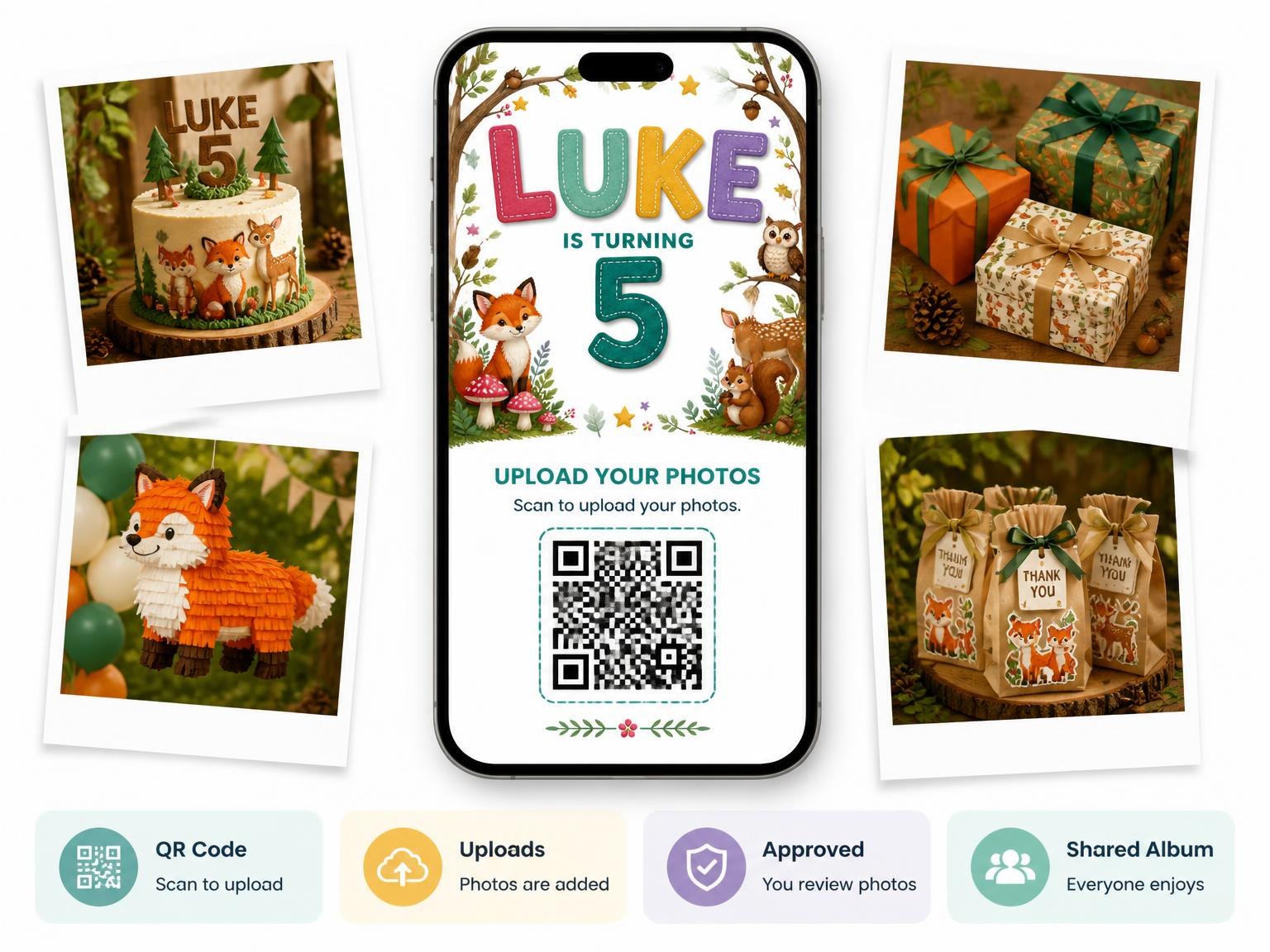 The shared photo gallery that comes with the Stitched Woodland 5th Birthday Invitation invitation
