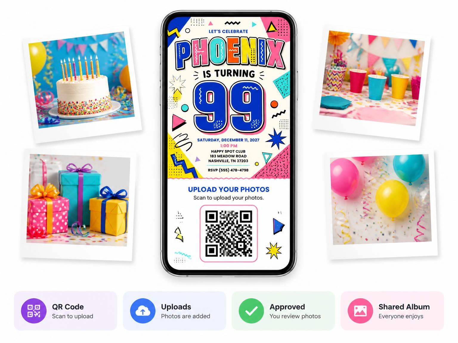 The shared photo gallery that comes with the Memphis Pop 99th Birthday Invitation invitation