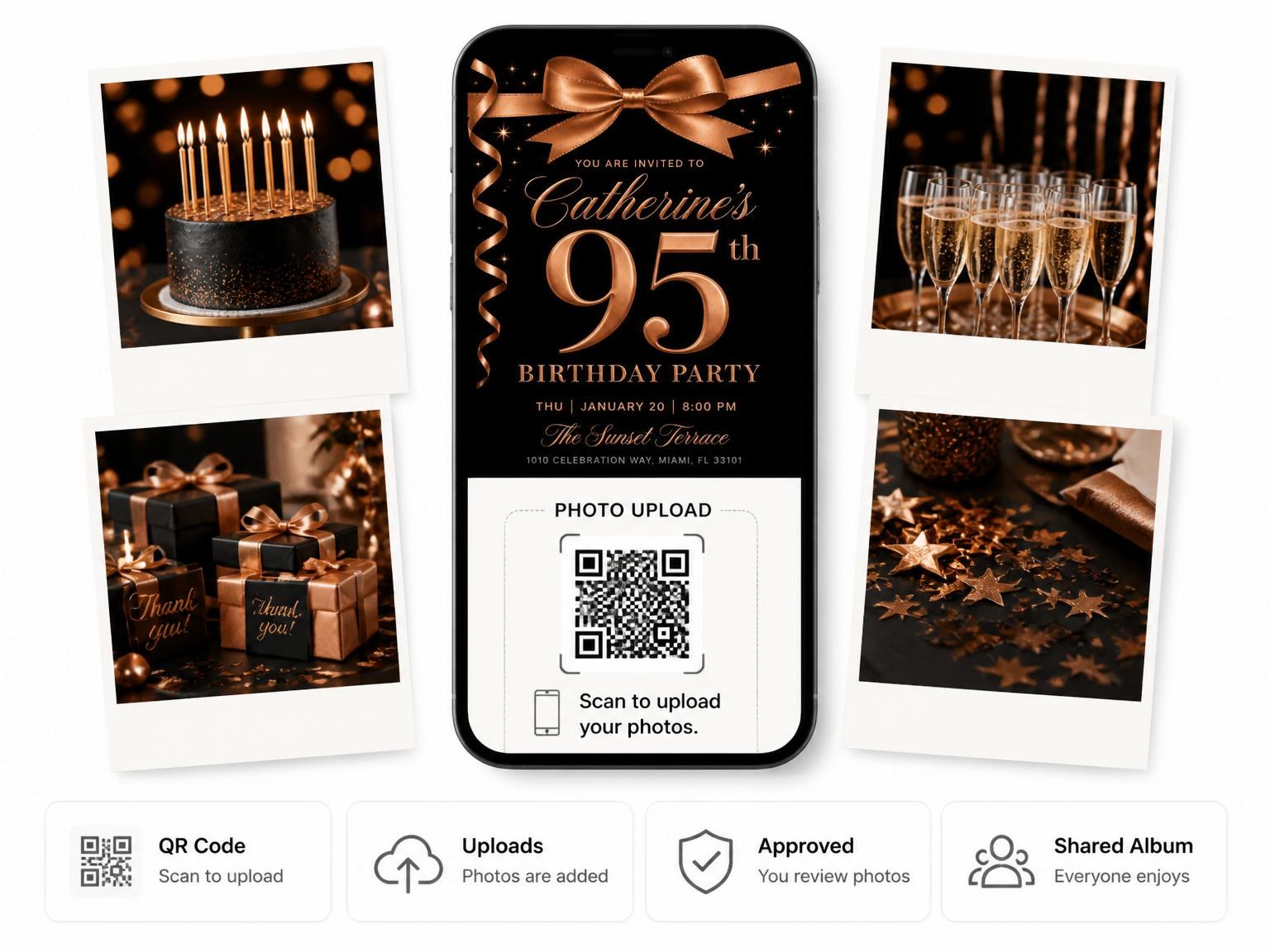 The shared photo gallery that comes with the Rose Gold Ribbon 95th Birthday invitation