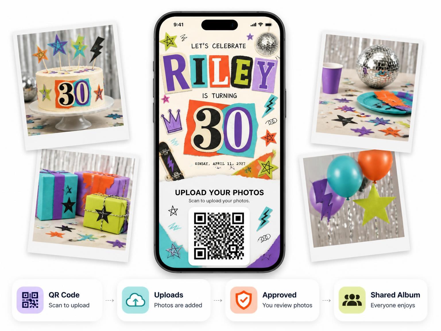 The shared photo gallery that comes with the Retro Paper Collage 30th Birthday Invitation invitation